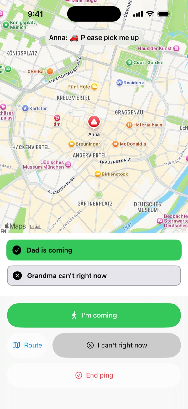 Active ping – The family sees the reason and location and replies "I'm coming"