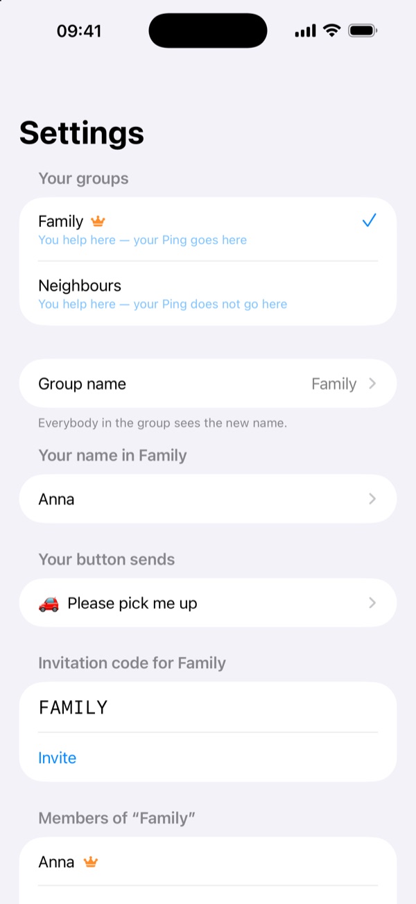 Several groups – Family, neighbours, friends behind one button