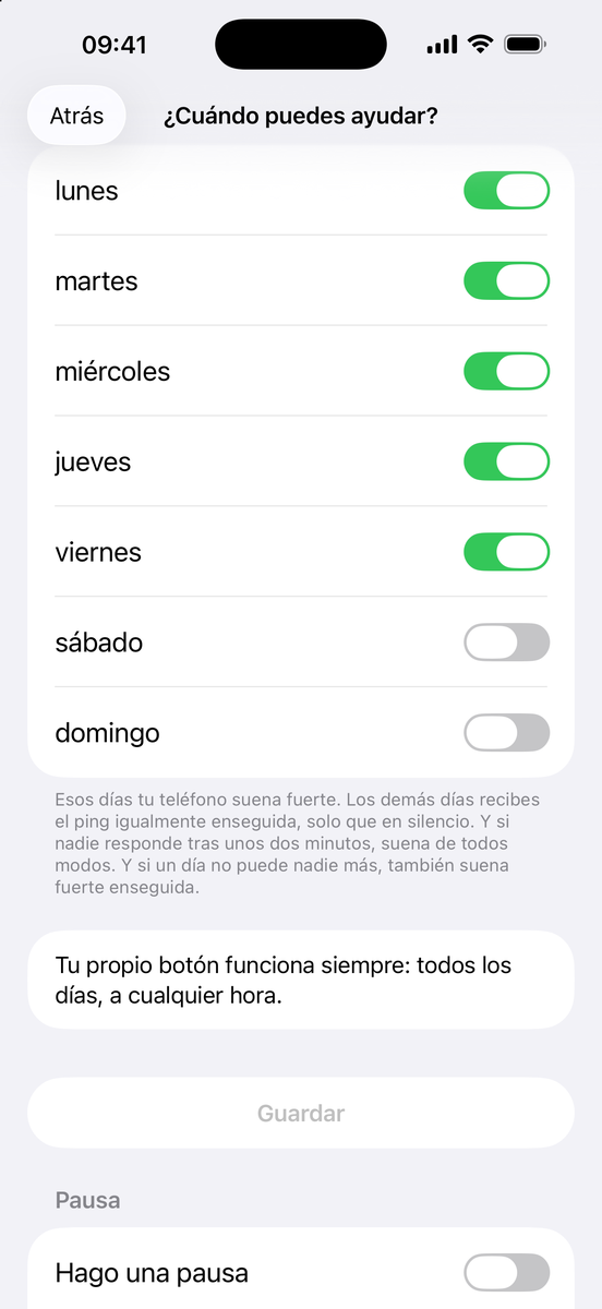 ¿Cuándo puedes ayudar? – días de la semana y Hago una pausa