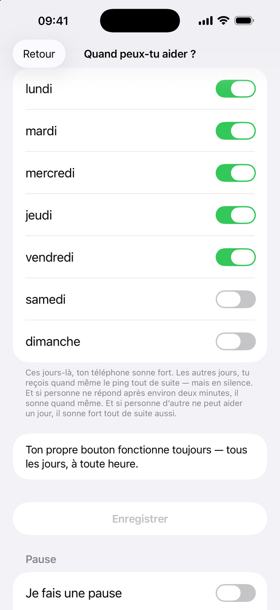 Quand peux-tu aider ? – jours de la semaine et Je fais une pause
