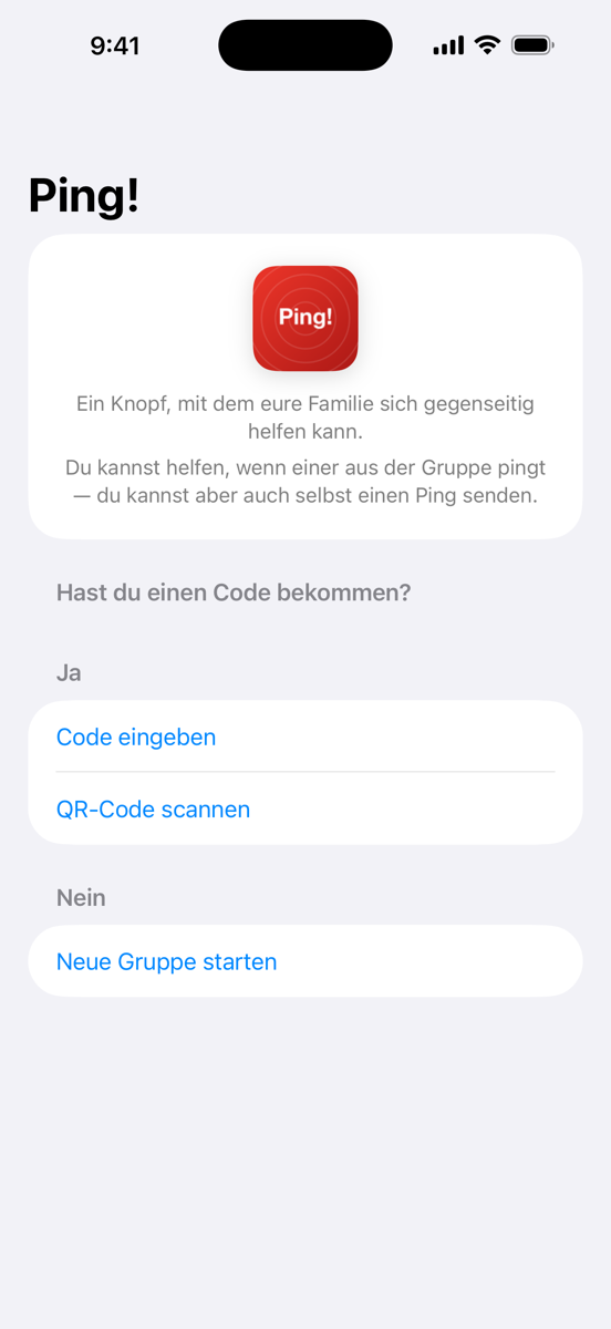 Einrichtungsbildschirm: Name, Knopf-Grund, Gruppe erstellen oder beitreten