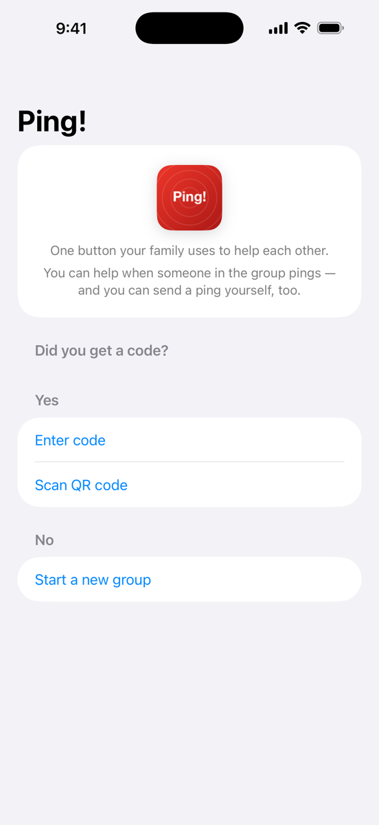 Setup screen: name, button reason, create or join a group