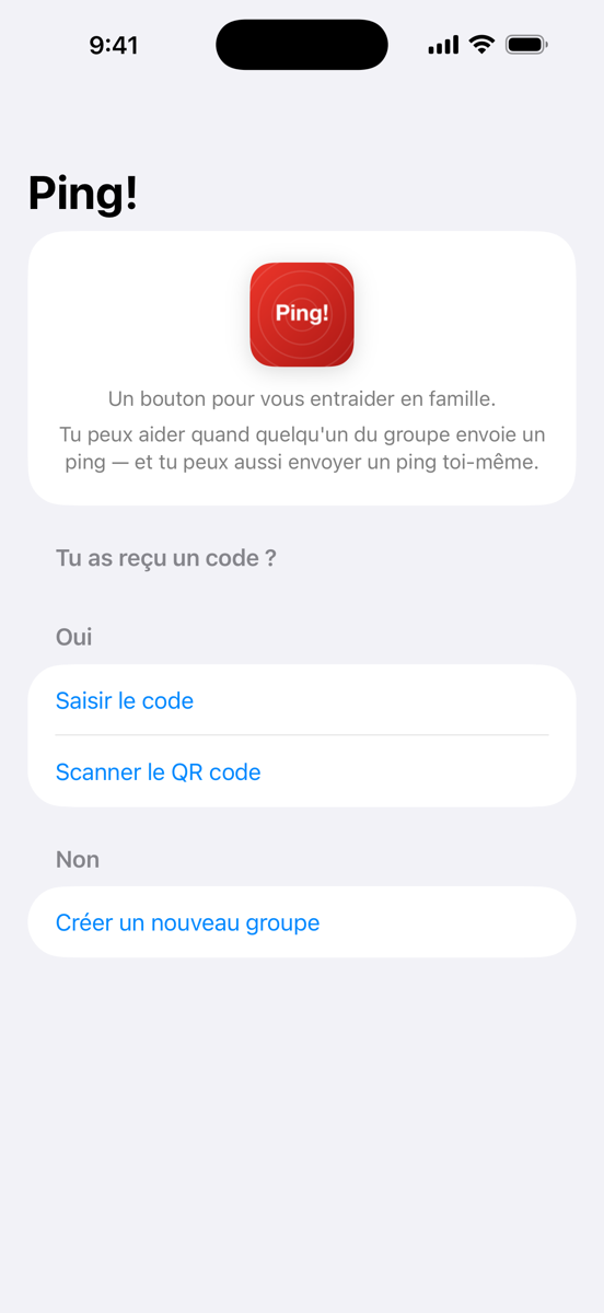 Écran de configuration : nom, raison du bouton, créer ou rejoindre un groupe