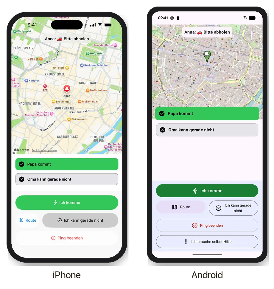 Ping! auf einem iPhone und einem Android-Handy nebeneinander: Anna bittet ums Abholen, Papa kommt