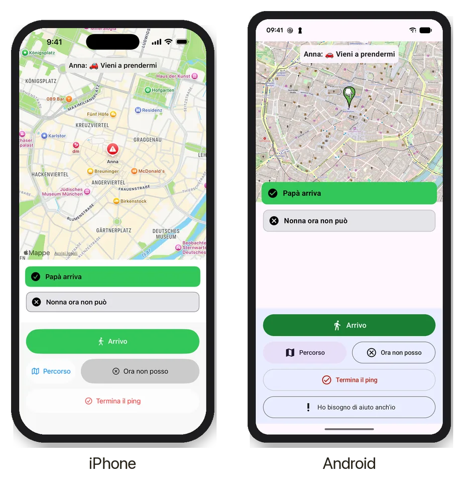 Ping! su un iPhone e un telefono Android affiancati: Anna chiede di essere presa, papà arriva