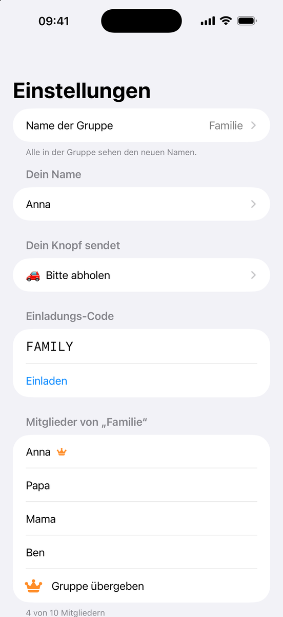 Einstellungen: Zeile Name der Gruppe mit Hinweis Alle in der Gruppe sehen den neuen Namen
