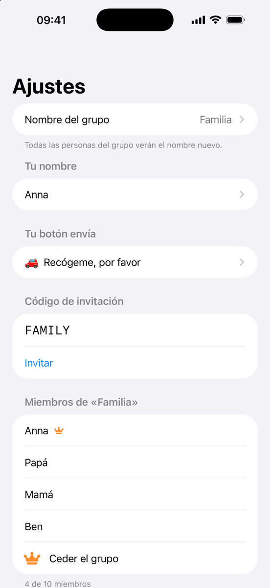 Ajustes: fila Nombre del grupo con la nota Todas las personas del grupo verán el nombre nuevo