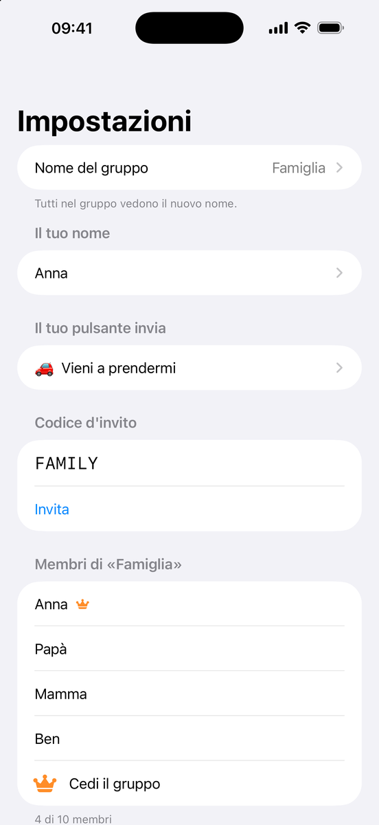 Impostazioni: riga Nome del gruppo con la nota Tutti nel gruppo vedono il nuovo nome
